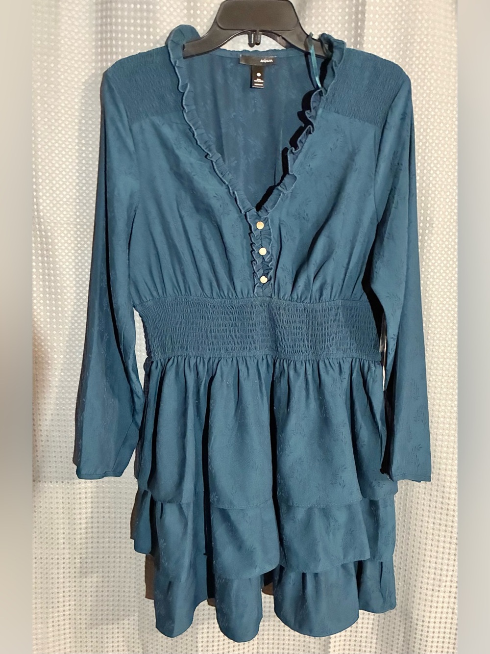Aqua Ruffle Tier Babydoll Dress Sz XL Smocked Waist Gold Holiday Party NEW w/tag